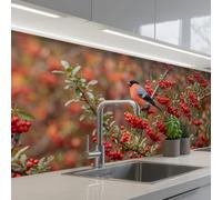 KitchenYeah© Credence Adhesive Pour Cuisine 80x250 cm Panneau Mural Adhesif Fond De Hotte Plaque Pvc Murale Peel And Stick Protege Mur Bouvreuil - baies - automne - nature - coloré