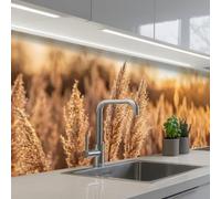 KitchenYeah© Credence Adhesive Pour Cuisine 80x300 cm Panneau Mural Adhesif Fond De Hotte Plaque Pvc Murale Peel And Stick Protege Mur Plumes roseau - Herbe - Coucher soleil - Or - Serein
