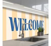 KitchenYeah© Credence Adhesive Pour Cuisine 80x300 cm Panneau Mural Adhesif Fond De Hotte Plaque Pvc Murale Peel And Stick Protege Mur Bleu - Jaune - Rayures - Bienvenue
