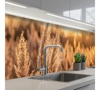 KitchenYeah© Credence Adhesive Pour Cuisine 80x400 cm Panneau Mural Adhesif Fond De Hotte Plaque Pvc Murale Peel And Stick Protege Mur Plumes roseau - Herbe - Coucher soleil - Or - Serein