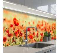 KitchenYeah© Credence Adhesive Pour Cuisine 80x400 cm Panneau Mural Adhesif Fond De Hotte Plaque Pvc Murale Peel And Stick Protege Mur Coquelicots - Rouge - Champ Fleurs