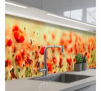 KitchenYeah© Credence Adhesive Pour Cuisine 80x500 cm Panneau Mural Adhesif Fond De Hotte Plaque Pvc Murale Peel And Stick Protege Mur Coquelicots - Rouge - Champ Fleurs