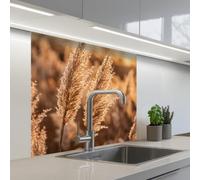 KitchenYeah© Credence Adhesive Pour Cuisine 80x80 cm Panneau Mural Adhesif Fond De Hotte Plaque Pvc Murale Peel And Stick Protege Mur Plumes roseau - Herbe - Coucher soleil - Or - Serein