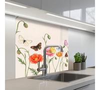 KitchenYeah© Credence Adhesive Pour Cuisine 80x80 cm Panneau Mural Adhesif Fond De Hotte Plaque Pvc Murale Peel And Stick Protege Mur Papillons - Coquelicots - Illustration - Coloré