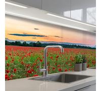 KitchenYeah© Crédence Adhésive Résistant À La Chaleur 60x200 cm Protection Mur Cuisine Panneaux Muraux Adhesif Panneau Decoratif Interieur Coquelicots - Paysage - Rouge - Fleurs
