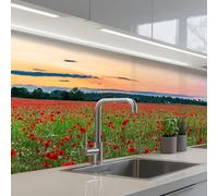 KitchenYeah© Crédence Adhésive Résistant À La Chaleur 80x200 cm Protection Mur Cuisine Panneaux Muraux Adhesif Panneau Decoratif Interieur Coquelicots - Paysage - Rouge - Fleurs