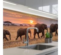 KitchenYeah© Crédence Adhésive Résistant À La Chaleur 80x250 cm Protection Mur Cuisine Panneaux Muraux Adhesif Panneau Decoratif Interieur Éléphants - Savane - Coucher soleil - Afrique - Chaud