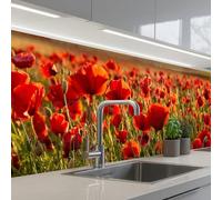 KitchenYeah© Credence Cuisine 60x250 cm Adhesif Protection Mur Plaque De Cuisson Plastique Rigide Revetement Murale À Coller Coucher soleil - Coquelicots - Rouge - Fleurs - Champ - Nature
