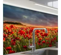 KitchenYeah© Credence Cuisine 60x80 cm Adhesif Protection Mur Plaque De Cuisson Plastique Rigide Revetement Murale À Coller Coucher soleil - Coquelicots - Rouge - Fleurs - Champ - Nature