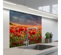KitchenYeah© Credence Cuisine 80x80 cm Adhesif Protection Mur Plaque De Cuisson Plastique Rigide Revetement Murale À Coller Coucher soleil - Coquelicots - Rouge - Fleurs - Champ - Nature