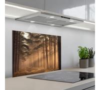 KitchenYeah© Crédence Cuisine À Coller 50x70 cm Protection Plaque De Cuisson Adhesif Plastique Rigide Dalle Murale Forêt - Brouillard - Soleil