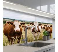 KitchenYeah© Crédence Cuisine À Coller 60x100 cm Protection Plaque De Cuisson Adhesif Plastique Rigide Dalle Murale Vaches - Portrait - Pré - Ferme - Curieux
