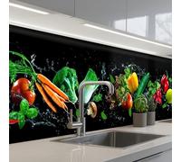 KitchenYeah© Crédence Cuisine À Coller 60x300 cm Protection Plaque De Cuisson Adhesif Plastique Rigide Dalle Murale Légumes - Éclaboussure - Noir