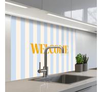 KitchenYeah© Crédence Cuisine À Coller 80x100 cm Protection Plaque De Cuisson Adhesif Plastique Rigide Dalle Murale Orange - Bleu - Rayures - Bienvenue