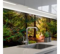 KitchenYeah© Crédence Cuisine À Coller 80x150 cm Protection Plaque De Cuisson Adhesif Plastique Rigide Dalle Murale Forêt - Chemin - Arbres - Vert - Soleil - Nature