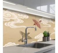 KitchenYeah© Crédence Cuisine À Coller 80x250 cm Protection Plaque De Cuisson Adhesif Plastique Rigide Dalle Murale Oiseaux - Mouches - Beige