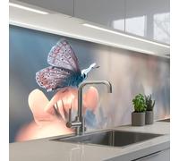 KitchenYeah© Crédence Cuisine À Coller 80x300 cm Protection Plaque De Cuisson Adhesif Plastique Rigide Dalle Murale Fleurs - Papillon - Nature - Botanique