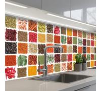 KitchenYeah© Crédence Cuisine À Coller 80x300 cm Protection Plaque De Cuisson Adhesif Plastique Rigide Dalle Murale Carrés - Épices - Herbes - Graphique