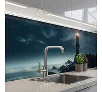KitchenYeah© Crédence Cuisine À Coller 80x300 cm Protection Plaque De Cuisson Adhesif Plastique Rigide Dalle Murale Phare - Mer - Brouillard - Rochers - Maritime - Nature
