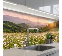 KitchenYeah© Crédence Cuisine À Coller 80x400 cm Protection Plaque De Cuisson Adhesif Plastique Rigide Dalle Murale Marguerite - Champ - Collines - Vert