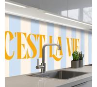 KitchenYeah© Crédence Cuisine À Coller 80x400 cm Protection Plaque De Cuisson Adhesif Plastique Rigide Dalle Murale Autre : Orange - Bleu - Rayures - C'est la vie