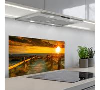 KitchenYeah© Crédence Cuisine À Coller Protection Plaque De Cuisson Adhesif | 45x90 cm - Plastique Rigide Dalle Murale Soleil - Plage - Dune - Horizon - Herbe - Chemin - Orange