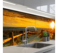 KitchenYeah© Crédence Cuisine À Coller Protection Plaque De Cuisson Adhesif | 60x200 cm - Plastique Rigide Dalle Murale Soleil - Plage - Dune - Horizon - Herbe - Chemin - Orange