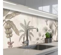 KitchenYeah© Credence Cuisine Adhesive 60x300 cm Protege Mur Revetement Mural Adhesif Parement Interieur À Coller Plaque Plastique Rigide Jungle - Arbre piste - Colibri - Beige