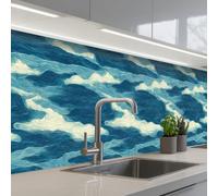 KitchenYeah© Credence Cuisine Adhesive 60x300 cm Protege Mur Revetement Mural Adhesif Parement Interieur À Coller Plaque Plastique Rigide Vagues - Abstrait - Motif - Bleu - Blanc