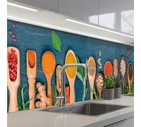 KitchenYeah© Credence Cuisine Adhesive 80x400 cm Protege Mur Revetement Mural Adhesif Parement Interieur À Coller Plaque Plastique Rigide Cuillères - Bois - Herbes - Épices