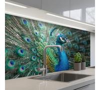 KitchenYeah© Credence Cuisine Sur Mesure 60x100 cm Plaque Adhesive Murale Panneau Decoratif Interieur Peel And Stick Mural Protection Mur Paon - Plumes - Bleu
