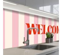 KitchenYeah© Credence Cuisine Sur Mesure 60x150 cm Plaque Adhesive Murale Panneau Decoratif Interieur Peel And Stick Mural Protection Mur Rose pâle - Rouge - Rayures - Bienvenue