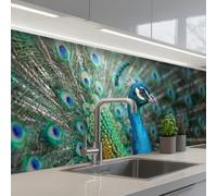 KitchenYeah© Credence Cuisine Sur Mesure 60x200 cm Plaque Adhesive Murale Panneau Decoratif Interieur Peel And Stick Mural Protection Mur Paon - Plumes - Bleu