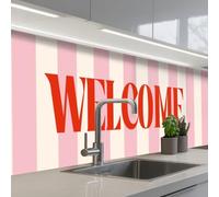 KitchenYeah© Credence Cuisine Sur Mesure 60x250 cm Plaque Adhesive Murale Panneau Decoratif Interieur Peel And Stick Mural Protection Mur Rose pâle - Rouge - Rayures - Bienvenue