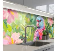 KitchenYeah© Credence Cuisine Sur Mesure 60x300 cm Plaque Adhesive Murale Panneau Decoratif Interieur Peel And Stick Mural Protection Mur Perroquet - fleurs d'hibiscus - coloré