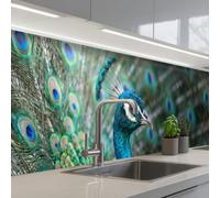 KitchenYeah© Credence Cuisine Sur Mesure 60x300 cm Plaque Adhesive Murale Panneau Decoratif Interieur Peel And Stick Mural Protection Mur Paon - Plumes - Bleu