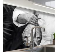 KitchenYeah© Credence Cuisine Sur Mesure 60x80 cm Plaque Adhesive Murale Panneau Decoratif Interieur Peel And Stick Mural Protection Mur Pêche - Chef - Noir - Blanc