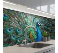 KitchenYeah© Credence Cuisine Sur Mesure 80x150 cm Plaque Adhesive Murale Panneau Decoratif Interieur Peel And Stick Mural Protection Mur Paon - Plumes - Bleu
