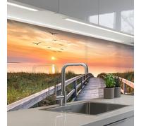 KitchenYeah© Credence Cuisine Sur Mesure 80x150 cm Plaque Adhesive Murale Panneau Decoratif Interieur Peel And Stick Mural Protection Mur Coucher de soleil - Mer - Chemin - Herbe - Dune - Oiseaux