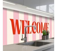 KitchenYeah© Credence Cuisine Sur Mesure 80x300 cm Plaque Adhesive Murale Panneau Decoratif Interieur Peel And Stick Mural Protection Mur Rose pâle - Rouge - Rayures - Bienvenue