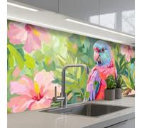 KitchenYeah© Credence Cuisine Sur Mesure 80x300 cm Plaque Adhesive Murale Panneau Decoratif Interieur Peel And Stick Mural Protection Mur Perroquet - fleurs d'hibiscus - coloré
