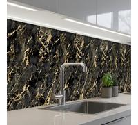 KitchenYeah© Credence Cuisine Sur Mesure Plaque Adhesive Murale Panneau | 60x400 cm - Decoratif Interieur Peel And Stick Mural Protection Mur Marbre - Noir - Structure Or