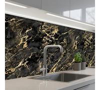 KitchenYeah© Credence Cuisine Sur Mesure Plaque Adhesive Murale Panneau | 80x150 cm - Decoratif Interieur Peel And Stick Mural Protection Mur Marbre - Noir - Structure Or