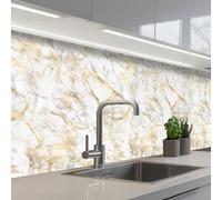 KitchenYeah© Credence Cuisine Sur Mesure Plaque Adhesive Murale Panneau | 80x300 cm - Decoratif Interieur Peel And Stick Mural Protection Mur Marbre - Blanc - Expressif - Accents dorés