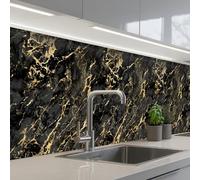 KitchenYeah© Credence Cuisine Sur Mesure Plaque Adhesive Murale Panneau | 80x400 cm - Decoratif Interieur Peel And Stick Mural Protection Mur Marbre - Noir - Structure Or