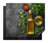KitchenYeah© Protection Pour Plaque Induction Deco Cuisine Protégé Cache De | 59x51 cm - Cuisson Vitroceramique Tapis Huile d'olive - Béton - Feuilles - Herbes - Poivre