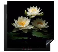 KitchenYeah© Protège Plaque Induction Protecteur Cuisiniere Decoration | 60x60 cm Deco Cuisine Accessoire Pratique Protection De Vitroceramique Kitchen Gadget Lotus - Fleurs - Blanc - Nature - Noir