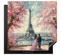 KitchenYeah© Protège Plaque Induction Protecteur Cuisiniere Decoration | 60x60 cm Deco Cuisine Accessoire Pratique Tour Eiffel - Couple - Rose - Romantique - Arbres - Paris