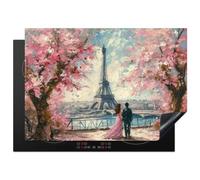 KitchenYeah© Protège Plaque Induction Protecteur Cuisiniere Decoration | 72x52 cm Deco Cuisine Accessoire Pratique Tour Eiffel - Couple - Rose - Romantique - Arbres - Paris
