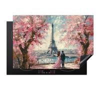 KitchenYeah© Protège Plaque Induction Protecteur Cuisiniere Decoration | 76x52 cm Deco Cuisine Accessoire Pratique Tour Eiffel - Couple - Rose - Romantique - Arbres - Paris